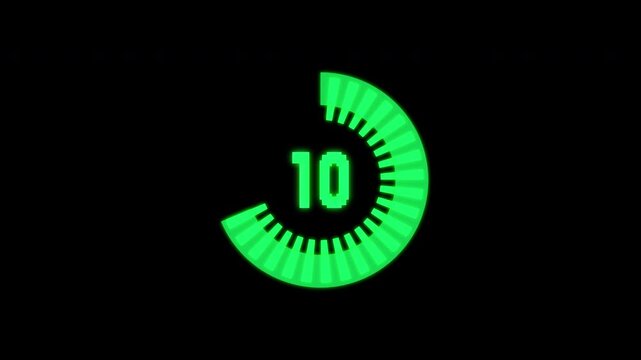 15 second countdown glow timer hud from 15 to 0 animation on black background. 4k video