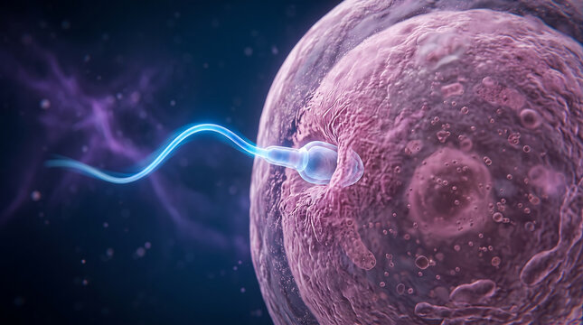 A single sperm cell fertilizing a human egg cell microscopic view