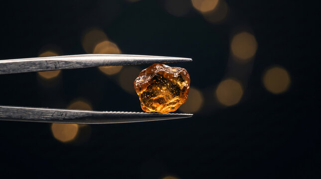 Tweezers holding a raw orange gemstone against a dark background