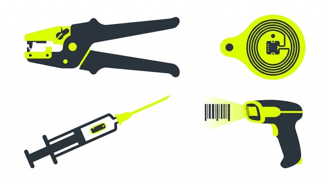 Livestock RFID Identification Ear Tag Pliers Syringe Microchip Barcode Scanner Line Icon Set