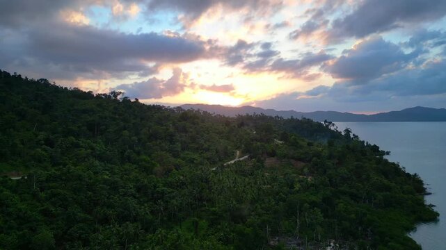 Port Barton Beach sunset tropical landscape. Nice aerial view drone