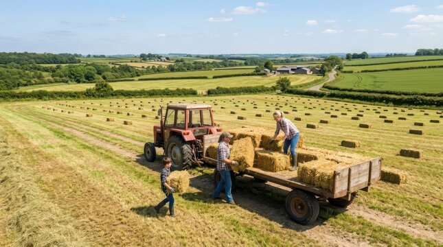 Family working together loading hay bales onto a trailer with a tractor in a sunny rural field during harvest