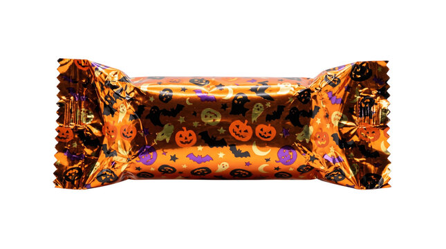 A wrapped Halloween candy bar in shiny orange foil with spooky illustrations is isolated on a transparent background.