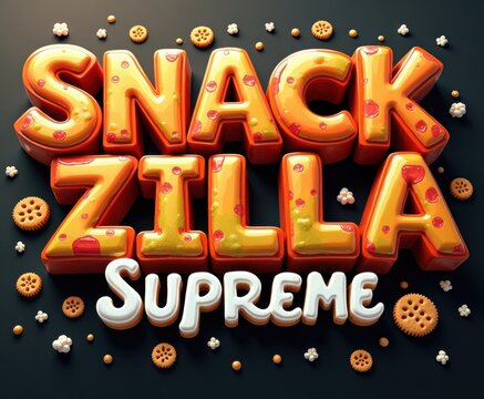 Colorful 3D Snack Zilla Text with Cookies and Popcorn on Dark Background