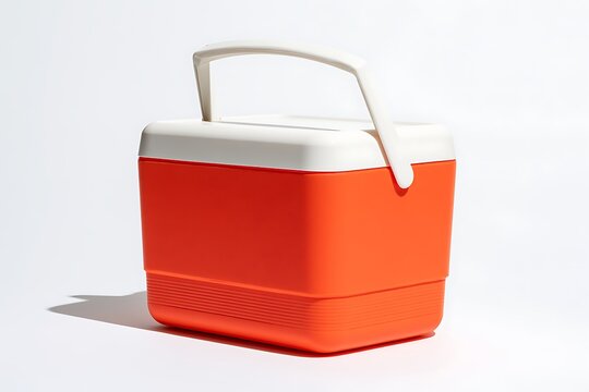 Orange and white plastic cooler box with handle for picnic and camping on white background