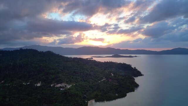 Port Barton Beach sunset tropical landscape. Great aerial view drone