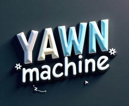 Bright 3D Text "YAWN machine" with decorative symbols on dark background