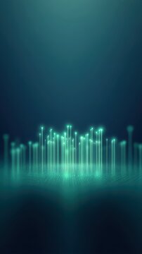 Abstract digital network visualization featuring glowing vertical light beams emitting from data points on a dark teal surface background