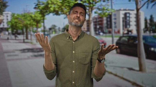 Man with hands raised pleading, palms up, wearing olive green button shirt and watch, standing on a city street with trees and cars; frustration plea.