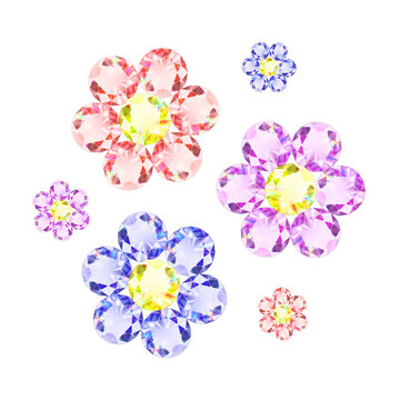 Crystal flower elements collection with pink rhinestone gemstones isolated on transparent background. Luxury gemstone flowers with sparkling diamond crystals and pink rhinestones.