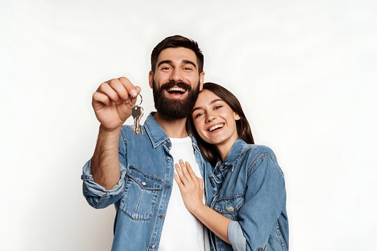 Happy young couple holding keys to their new home isolated on white background