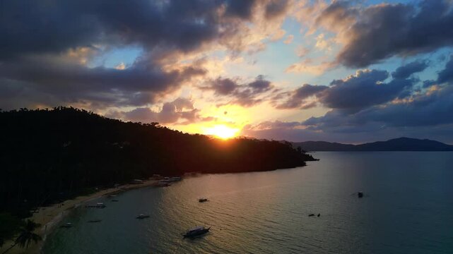 Port Barton Beach sunset tropical landscape. Best aerial view drone