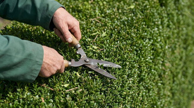 Close up of hands trimming a green boxwood hedge with vintage manual shears. Gardener pruning bushes in summer. Garden maintenance and landscaping