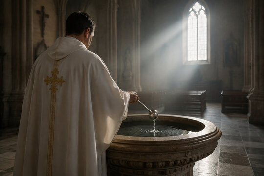 Priest in white robe blessing holy water at stone font, sanctifying ritual in empty church interior