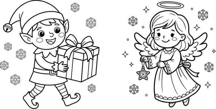 Cute elf and angel black and white characters line art, Christmas coloring pages for kids, holiday activity sheets, outlined vector design