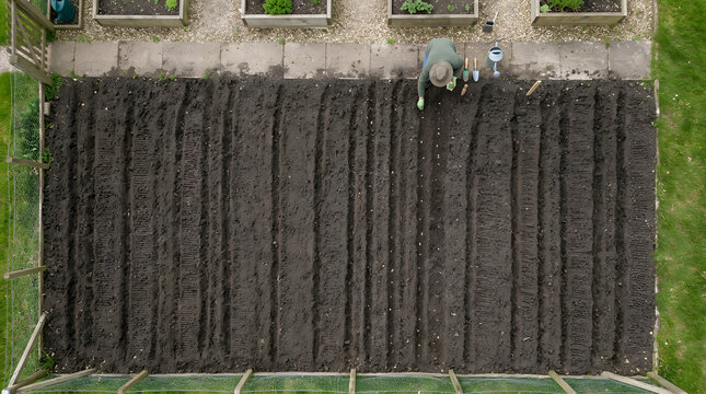 Top view of a farmer planting seeds in a large tilled garden plot. Aerial perspective of agricultural soil preparation with straight furrows