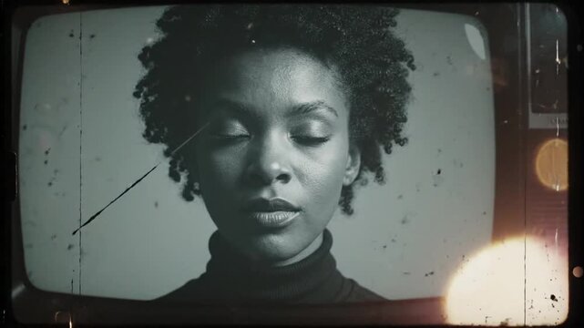 Vintage TV Static Glitch Effects on Womans Face Retro Broadcast