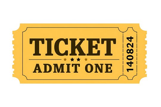 Yellow admit one ticket with perforated edge and serial number isolated on white background