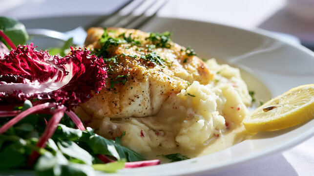 Pan seared cod fillet with mashed potatoes, lemon, and a fresh salad, creating a delicious and healthy seafood meal