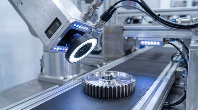 Automated industrial machine vision system inspecting a metal gear on a conveyor belt.