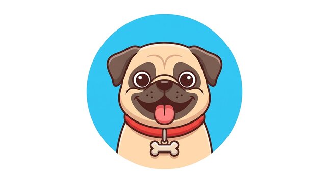 Cute pug dog cartoon avatar, happy puppy face with red collar and bone tag, friendly pet character illustration on blue circle