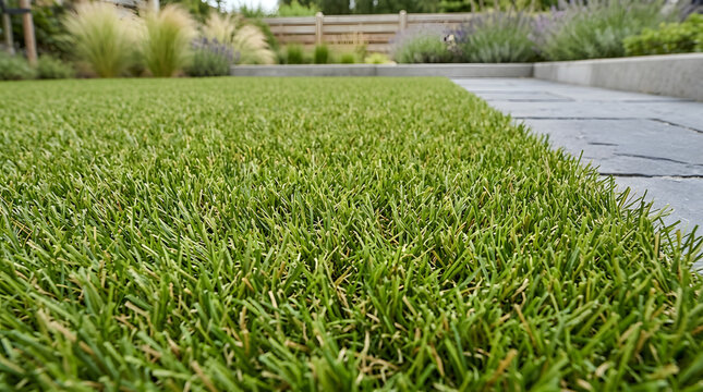 Close up of green artificial grass lawn next to a stone path. Synthetic turf texture in a modern backyard garden. Landscaping and home improvement concept
