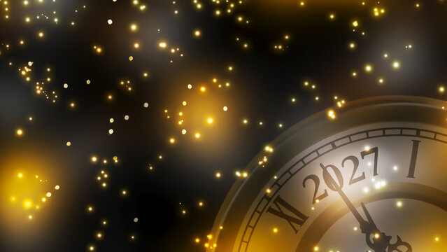 happy new year 2027 countdown clock on abstract glittering midnight sky with copy space, festive party invitation card concept for new years eve