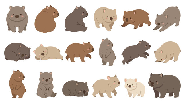 Set of cute cartoon wombat characters in various poses and colors isolated on white background.