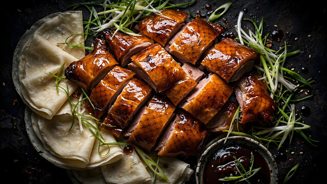 Delicious glazed meat skewers with aromatic herbs on a rustic plate.