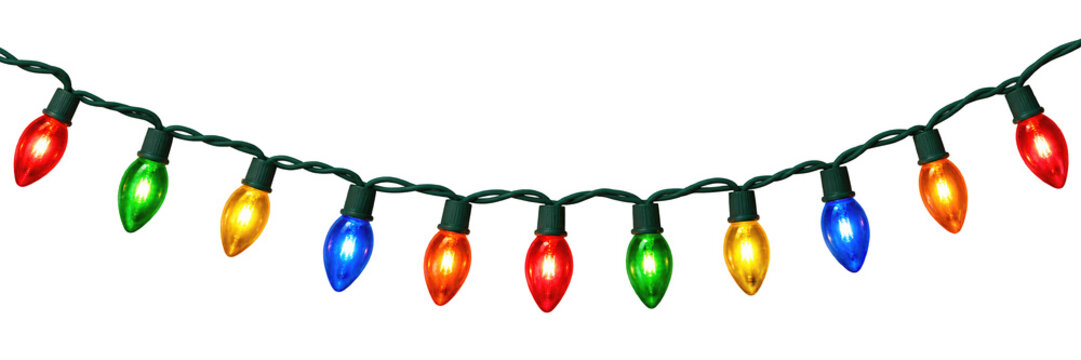 Bright string of colorful Christmas lights with glowing red, green, blue, yellow and orange bulbs. Isolated on transparent background for holiday banners, festive borders

