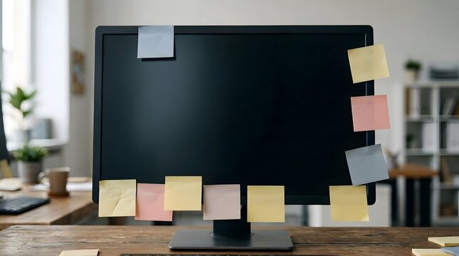 A computer monitor sits on a wooden desk in an office. Sticky notes in various colors cover the edges of the screen, likely containing reminders or tasks