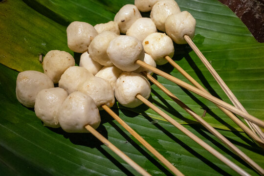 Fish ball satay on Angkringan, delicious street food in Yogyakarta, Indonesia