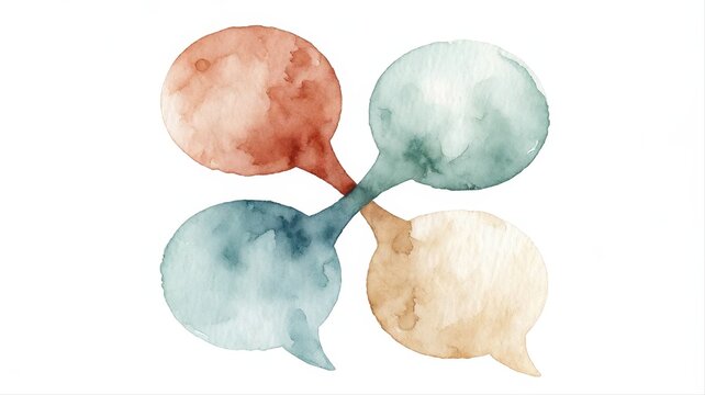 Watercolor Illustration of Four Speech Bubbles in Soft Pastel Colors