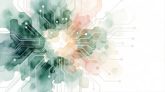 Abstract Digital Network Background with Circuit Lines and Colorful Watercolor Effect