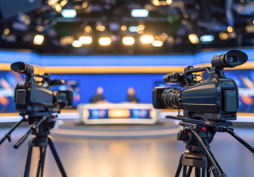 Video Camera On Tripod In Broadcasting Studio With Blurred Lights Background