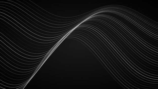 Abstract flowing white light lines on a solid deep black background surface