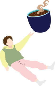 Flat vector illustration of a man falling backward while reaching for a giant steaming coffee mug, ideal for humorous coffee lover, caffeine craving, and morning energy graphic designs