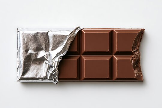 A milk chocolate bar with silver foil wrapper partially peeled back and a bite taken out of the end, isolated on white background