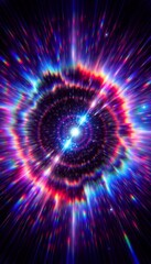 Fototapeta premium Futuristic cosmic energy burst with colorful neon rays, glowing particles and a brilliant central flare, creating a dynamic space-inspired backdrop for creative designs.