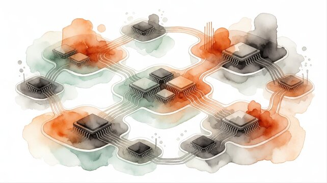 Abstract Cryptocurrency Network Illustration with Digital Computer Chips and Cloud Elements
