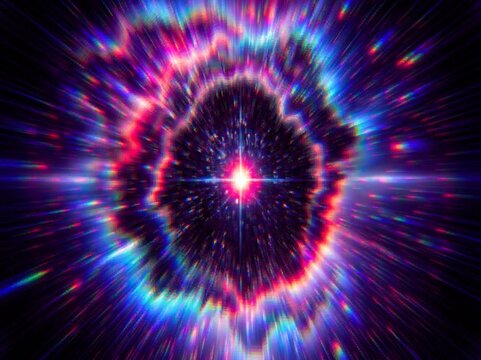 Futuristic cosmic energy burst with colorful neon rays, glowing particles and a brilliant central flare, creating a dynamic space-inspired backdrop for creative designs.