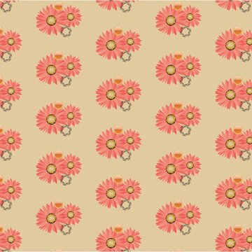 Vintage floral pattern with pink daisy clusters. Retro botanical seamless background for textile design. Elegant peach flower wallpaper.