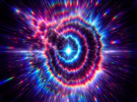 Futuristic cosmic energy burst with colorful neon rays, glowing particles and a brilliant central flare, creating a dynamic space-inspired backdrop for creative designs.