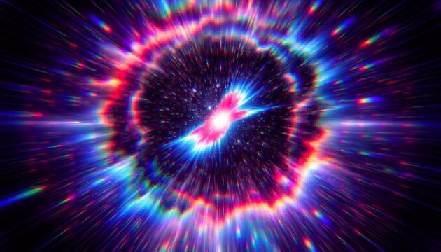 Futuristic cosmic energy burst with colorful neon rays, glowing particles and a brilliant central flare, creating a dynamic space-inspired backdrop for creative designs.