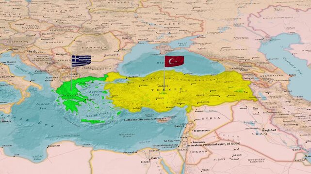 Greece And Turkey Flags Map Aegean Sea Region Animation