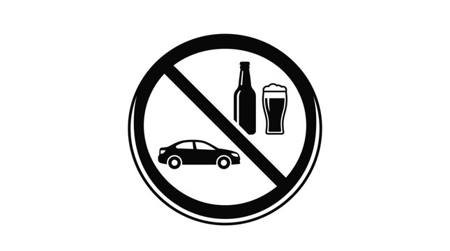 Prohibited alcohol consumption symbol featuring a sleek sedan car with beer glass and bottle icon design