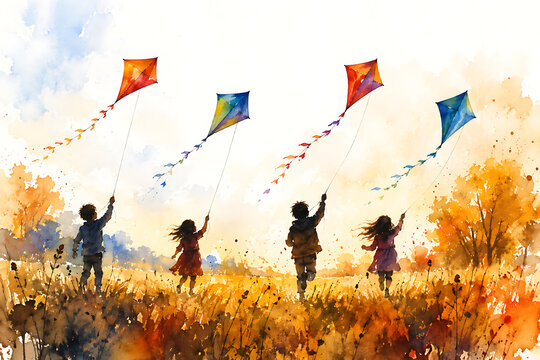 Children flying kites in autumn field, watercolor illustration