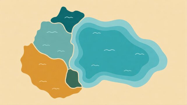 Simple illustration of a water body map with surrounding land areas and varying water depths