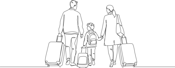 continuous line drawing of a parents and child with luggage, travel, vacation and family trip concept, line art vector illustration © Christian Horz