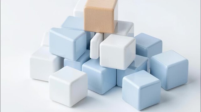 Unique wooden block standing out from a crowd of blue and white cubes rotating on a white background. Leadership concept